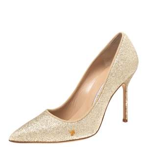 Pre Owned Manolo Blahnik Gold Glitter Pointed Toe Pumps Size 36.5
