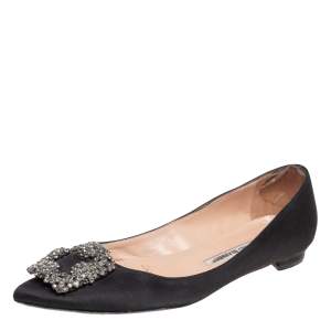 Pre Owned Manolo Blahnik Black Satin Hangisi Flats Size 36.5
