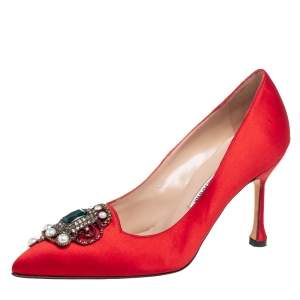 Pre Owned Manolo Blahnik Red Satin Eufrasia Pointed Toe Pumps Size 36.5