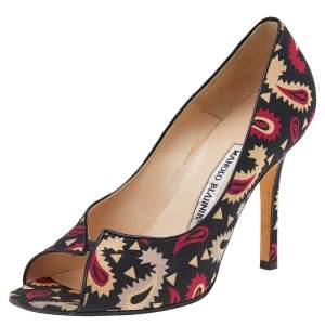 Pre Owned Manolo Blahnik Black Printed Canvas Peep Toe Pumps Size 38