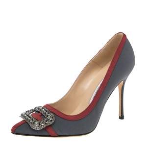 Pre Owned Manolo Blahnik Grey/Red Canvas And  Satin  Gotrian Pumps Size 36.5