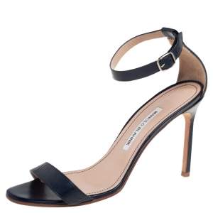 Pre Owned Manolo Blahnik Navy Blue Leather Chaos Ankle Strap Sandals Size 39
