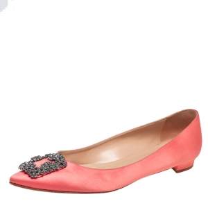 Pre Owned Manolo Blahnik Coral Pink Satin Hangisi Embellished Ballet Flats Size 39.5