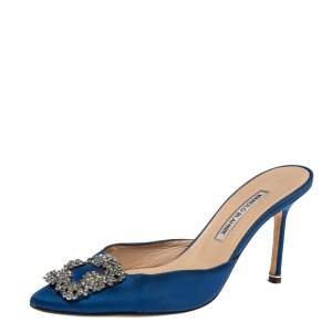 Pre Owned Manolo Blahnik Blue Satin Hangisi Pointed Toe Mules Size 38.5