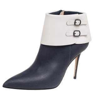 Manolo Blahnik Blue/White Leather Buckle Pointed Toe Ankle Boots Size 36