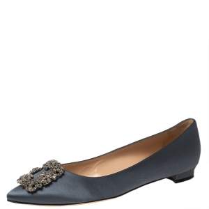 Pre Owned Manolo Blahnik Metallic Grey Satin Hangisi Ballet Flats Size 38