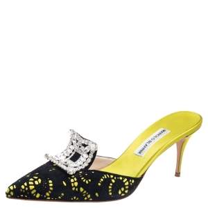 Pre Owned Manolo Blahnik Black-Green Satin And Laser-Cut Suede Borli Crystal Embellished Mules Size 41