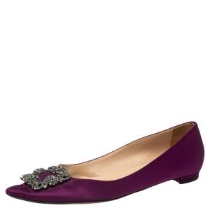 Pre Owned Manolo Blahnik Purple Satin Hangisi Ballet Flats Size 38