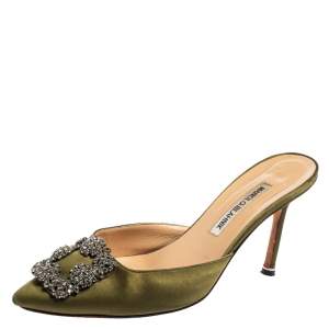 Pre Owned Manolo Blahnik Green Satin Hangisi  Mules Sandal Size 38