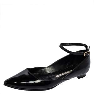 Pre Owned Manolo Blahnik Black Patent Leather Pointed Toe Ankle Strap Ballet Flats Size 37