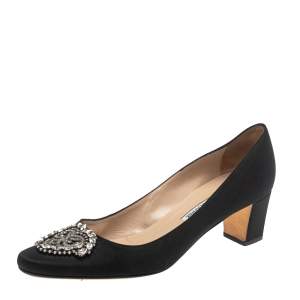 Pre Owned Manolo Blahnik Black Satin Okkava Crystal Embellished Pumps Size 39