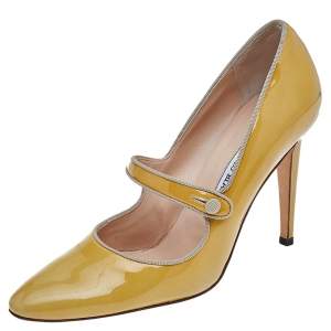 Pre Owned Manolo Blahnik Yellow Patent Leather Mary Jane Pumps Size 39