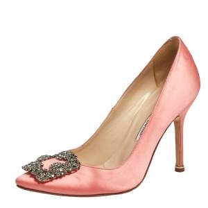 Pre Owned Manolo Blahnik Coral Satin Hangisi Pumps Size 37