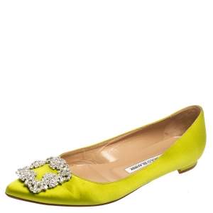 Pre Owned Manolo Blahnik Green Satin Hangisi Ballet Flats Size 37.5