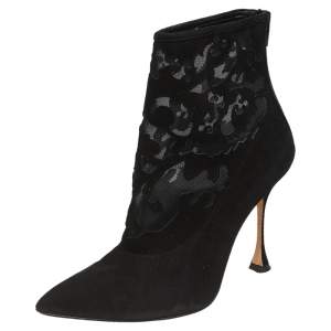 Manolo Blahnik Black Suede And Mesh Ankle Boots Size 37.5