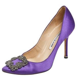 Pre Owned Manolo Blahnik Purple Satin Hangisi Crystal Embellished Pointed Toe Pumps Size 37