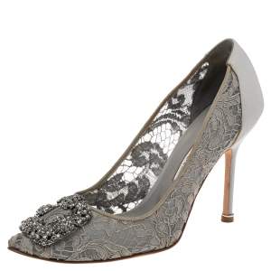 Pre Owned Manolo Blahnik Grey Lace And Satin Hangisi Pointed Toe Pumps Size 38.5