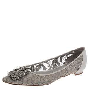 Pre Owned Manolo Blahnik Grey Lace and Stain Hangisi Ballet Flat Size 40.5