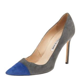 Manolo Blahnik Grey/Blue Suede Pointed Toe Pumps Size 40