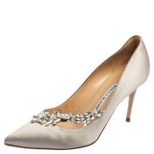 Pre Owned Manolo Blahnik Grey Satin Jewel Nadira Pointed Toe Pumps Size 38.5