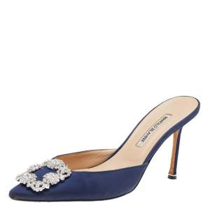Pre Owned Manolo Blahnik Blue Satin Hangisi Mules Sandals Size 40