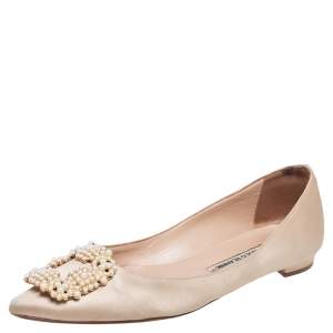 Pre Owned Manolo Blahnik Nude Satin Hangisi Pearl Embellished Flats Size 37