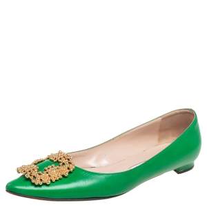 Pre Owned Manolo Blahnik Green Leather Hangisi Ballet Flat Size 37.5
