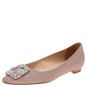 Pre Owned Manolo Blahnik Pink Glitter Hangisi Flats Size 36.5