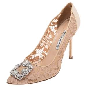Pre Owned Manolo Blahnik Beige Satin And Lace Hangisi Crystal Embellished Pointed Toe Pumps Size 40.5