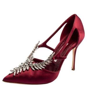 Pre Owned Manolo Blahnik Burgundy Satin Lala Pumps Size 38