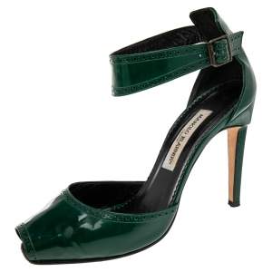 Pre Owned Manolo Blahnik Green Brogue Patent Leather Ankle Cuff Peep Toe Sandals Size 40