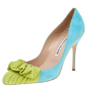 Pre Owned Manolo Blahnik Blue/Green Suede Arleti Frill Detail Pumps Size 39