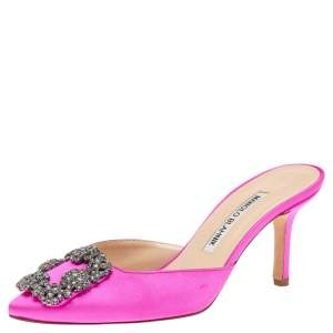 Pre Owned Manolo Blahnik Pink Satin Hangisi Mules Sandal Size 36