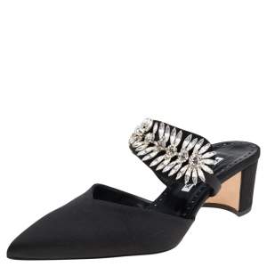Pre Owned Manolo Blahnik Black Satin Sky Crystal Embellished Mules Size 39