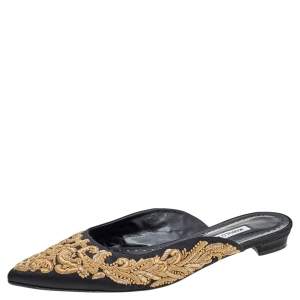 Pre Owned Manolo Blahnik Black Satin Embroidered Maysale Pointed Toe Flat Mule Sandals Size 40