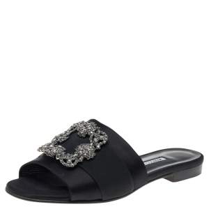 Manolo Blahnik Black Satin Crystal Martamod Flat Slide Sandals Size 38.5