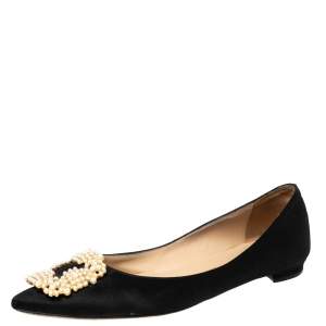 Pre Owned Manolo Blahnik Black Satin Hangisi Pearl Embellished Flats Size 37.5