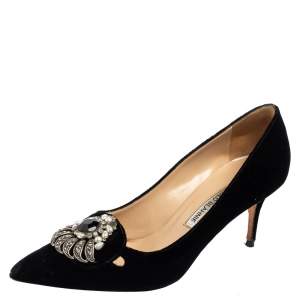 Pre Owned Manolo Blahnik Black Satin Jewel Embellished Pointed-Toe Pumps Size 37.5