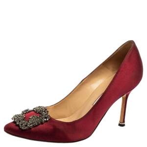 Pre Owned Manolo Blahnik Burgundy Satin Hangisi Pumps Size 37