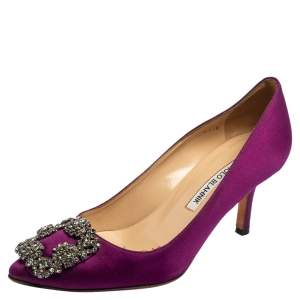 Pre Owned Manolo Blahnik Purple Satin Hangisi Pointed-Toe Pumps Size 35.5