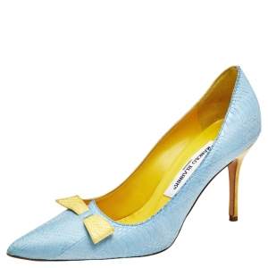 Pre Owned Manolo Blahnik Blue/Yellow Python Pointed Toe Pumps Size 37