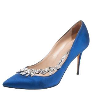 Manolo Blahnik Royal Blue Satin Nadira Pointed-Toe Pumps Size 38