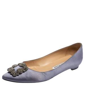 Pre Owned Manolo Blahnik Grey Satin Hangisi Ballet Flats Size 39.5