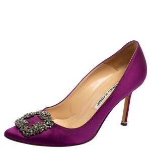 Pre Owned Manolo Blahnik Purple Satin Hangisi Pointed-Toe Pumps Size 38