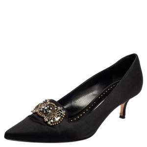 Pre Owned Manolo Blahnik Black Satin Crystal Embellished Pumps Size 36.5
