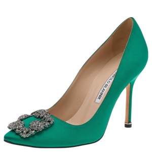 Pre Owned Manolo Blahnik Green Satin Hangisi Pumps Size 37