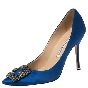 Pre Owned Manolo Blahnik Blue Satin Hangisi Crystal Embellished Pumps Size 38.5
