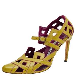 Pre Owned Manolo Blahnik Olive Green Leather Mary Jane Cut Out Pointed Toe Pumps Size 37.5