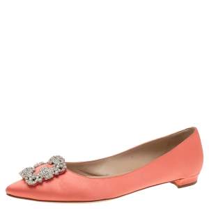 Pre Owned Manolo Blahnik Pink Satin Hangisi Crystal Embellished Ballet Flats Size 38
