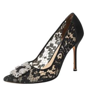 Pre Owned Manolo Blahnik Black Lace and Satin Hangisi Crystal Embellished Pumps Size 40